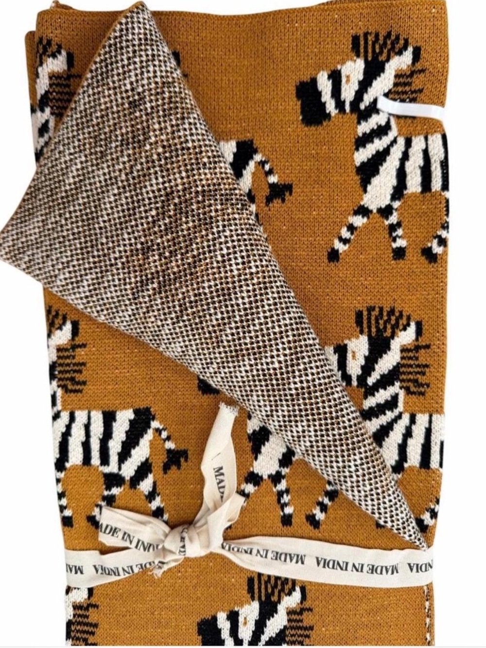 Zebra Print Knit Throw Blanket - Mustard Black White
